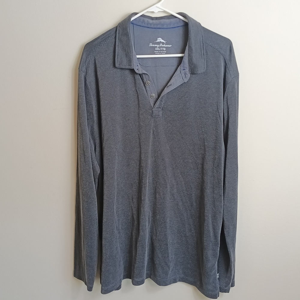 Tommy Bahama Polo Shirt Mens XXL Grey Excellent Long Sleeve Tencel Modal Stripe